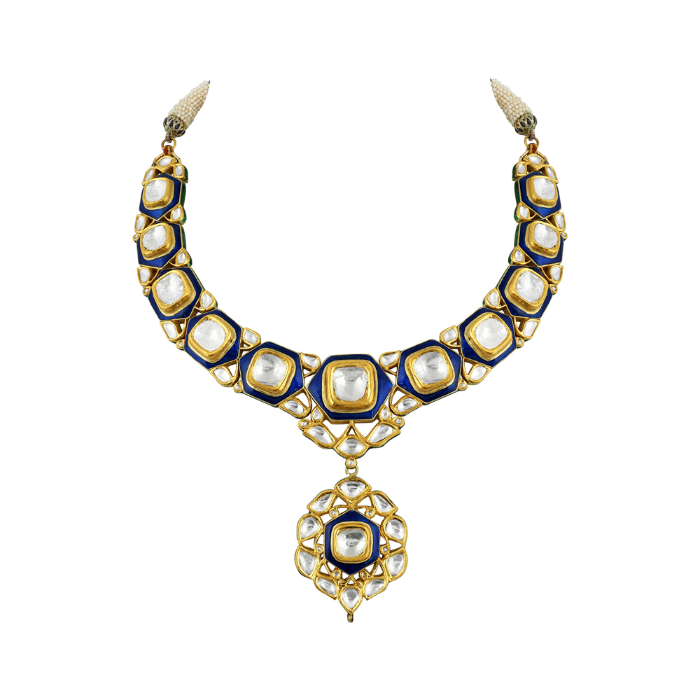 Polki Necklace with Blue Enamel and Central Polki Pendant